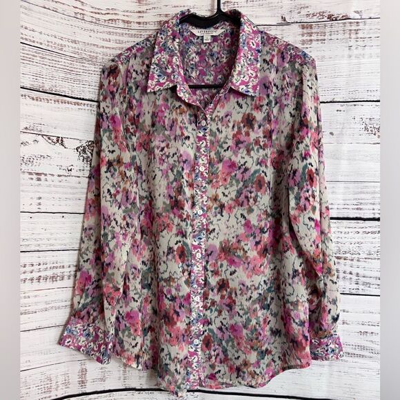 Liverpool Blouse Womens Sz Small Floral Button up chiffon sheer Top long sleeve - Picture 3 of 14